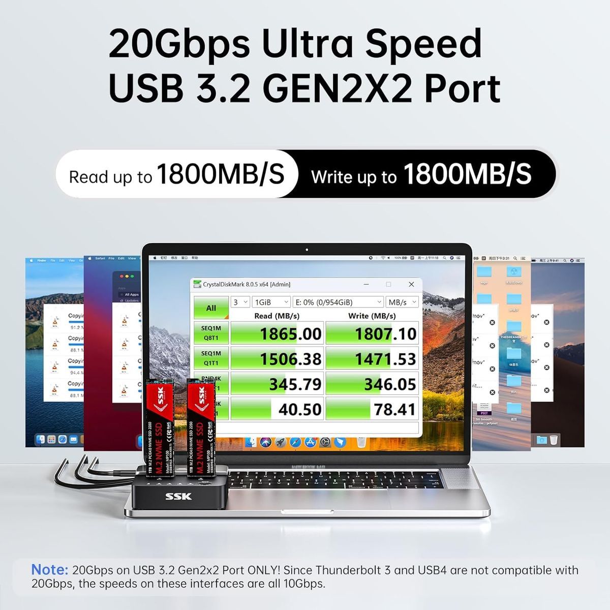 SSK DK201 Dual NVMe M.2 SSD Dockingstation, USB 3.2 Gen 2x2 20 Gbit/s, 2-Bay, NVMe-Kloner, werkzeuglos, M-Key & B+M, inkl. USB-C & USB-A Kabel, schwarz