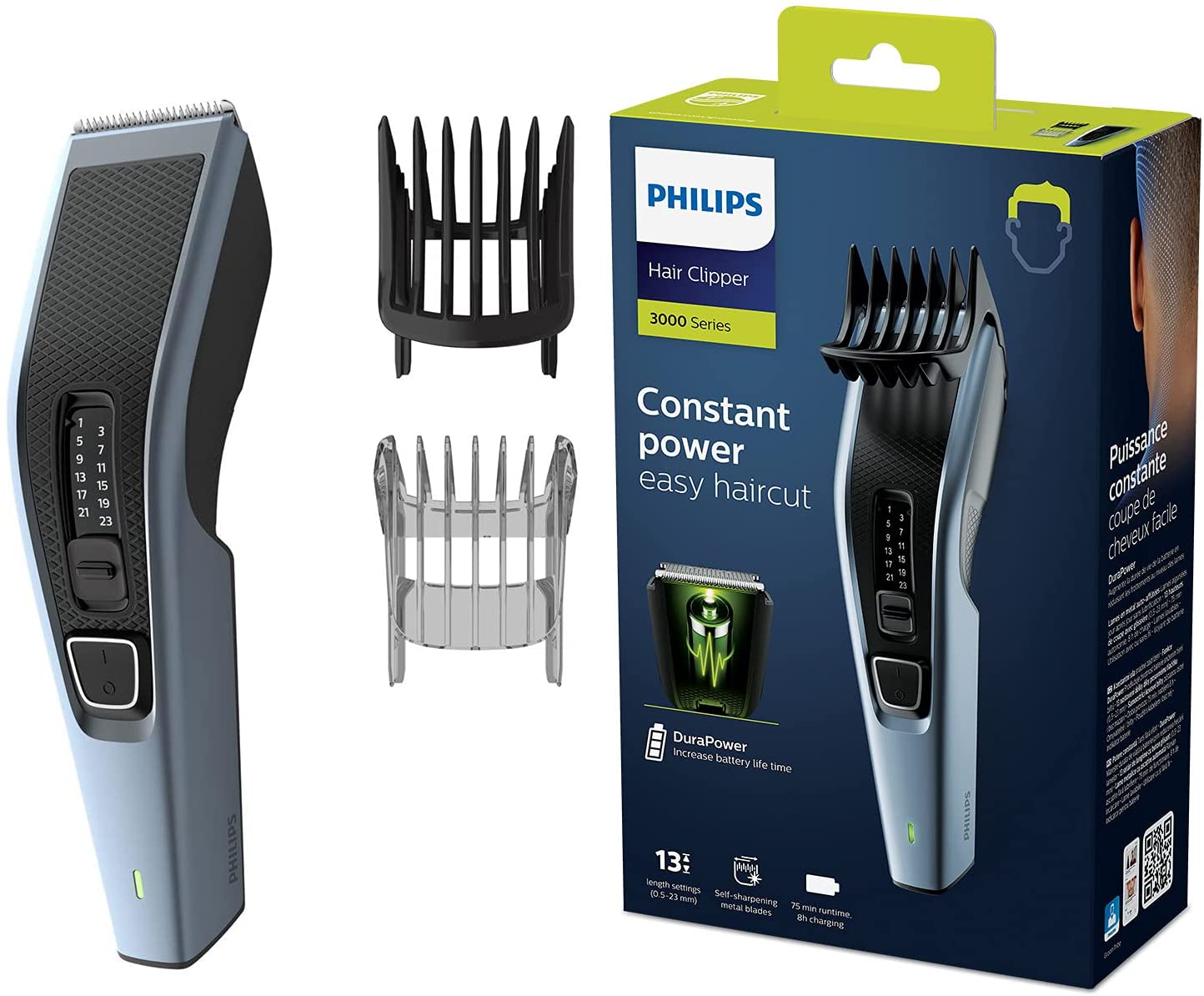 Philips HC3530/15 Hair Clipper Series 3000 with stainless steel blades (13 lengths, trim attachment) Mains & battery operation.