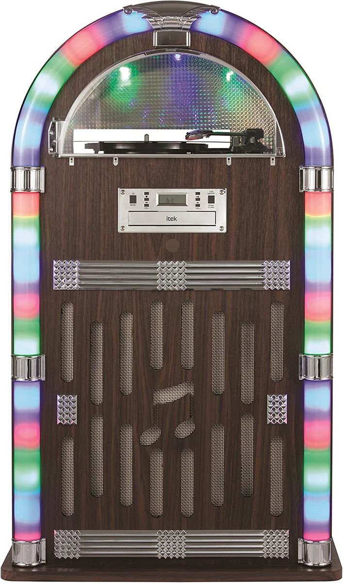 iTek I60021 Floorstanding Jukebox Record Player Bluetooth Connectivity FM Radio CD Player Colour-Changing LED Lights Remote Control Included Wood Finish BROWN 87.5 cm*34.5 cm*34.5 cm