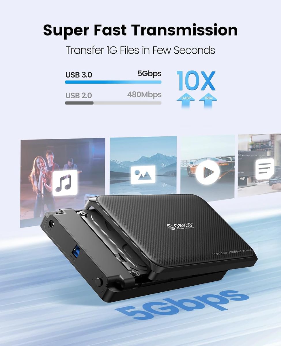 ORICO Festplattengehäuse 3,5 Zoll, USB 3.0 Werkzeugloses Externes Gehäuse für 3,5, 2,5 Zoll SATA HDD/SSD Maximal 20TB, Unterstützt UASP, mit 12 V/ 2A Netzteil, Kompatibel mit WD Seagate Toshiba. USB A