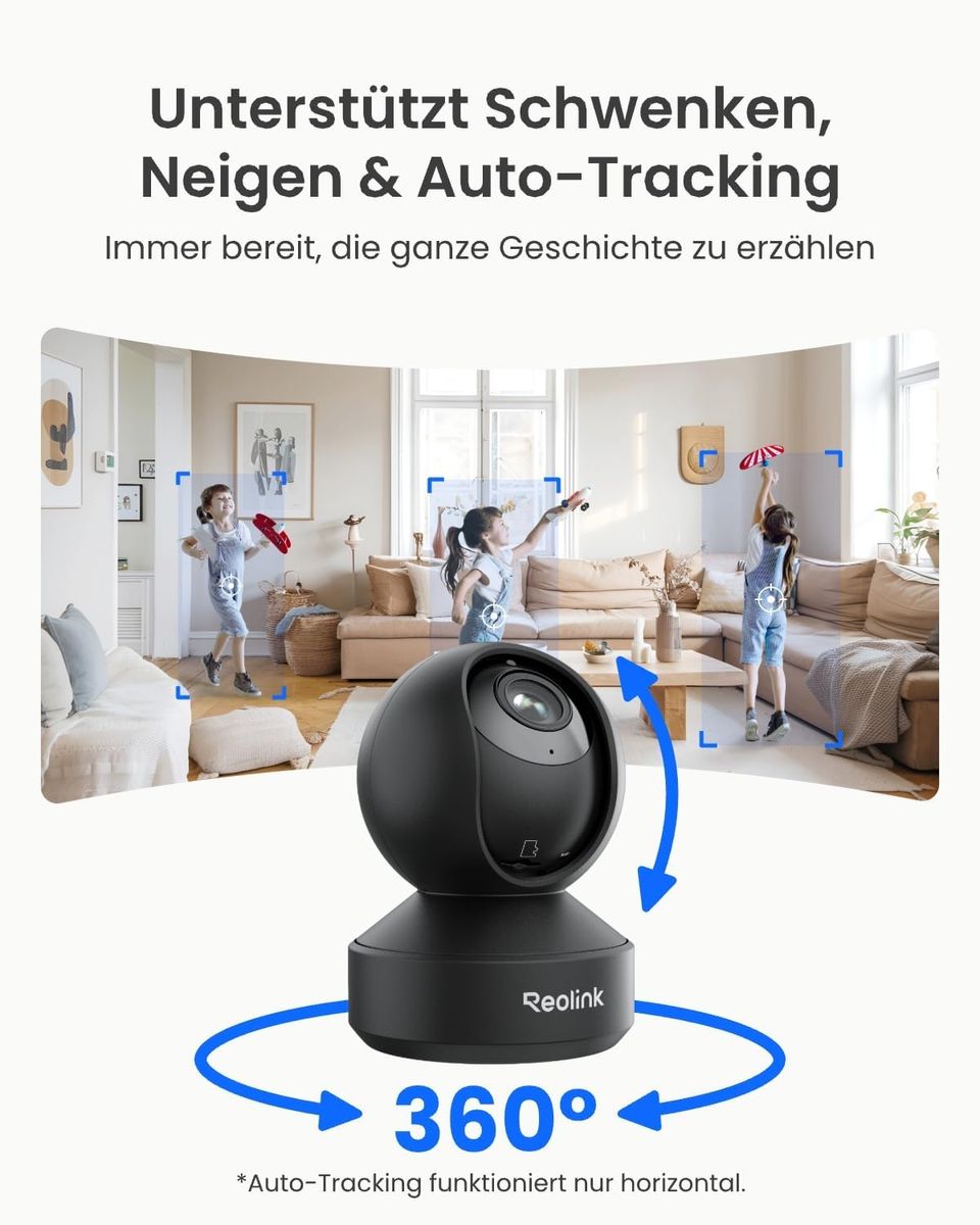 Reolink E1 Zoom(4K)-B 4K PTZ Indoor Überwachungskamera, Dual-Band Wi-Fi 6, 3x Optischer Zoom, Auto-Tracking, Babyphone, Nachtsicht, Schwarz