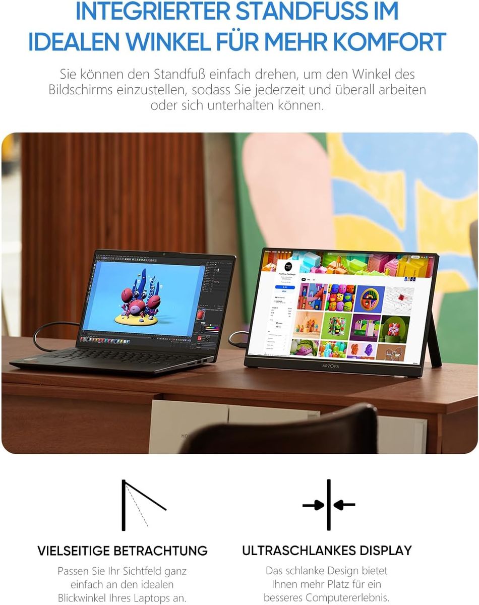 ARZOPA Tragbarer Monitor, 15.6" 1920×1080 FHD IPS Portabler Monitor für Laptop mit Einer Stütze, Ultra-Dünner Zweitbildschirm für Laptop/PC/Mac/PS3/4/5/Xbox - USB C & HDMI Anschluss - A1