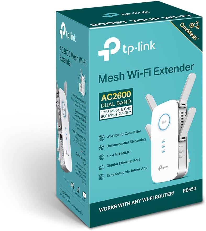 TP-Link AC2600 Dual Band Mesh Wi-Fi Range Extender, Wi-Fi Booster/Hotspot with 1 Gigabit Port, Dual-Core CPU, Built-In Access Point Mode, Works with Any Wi-Fi Router, Easy setup, UK Plug (RE650 V1)