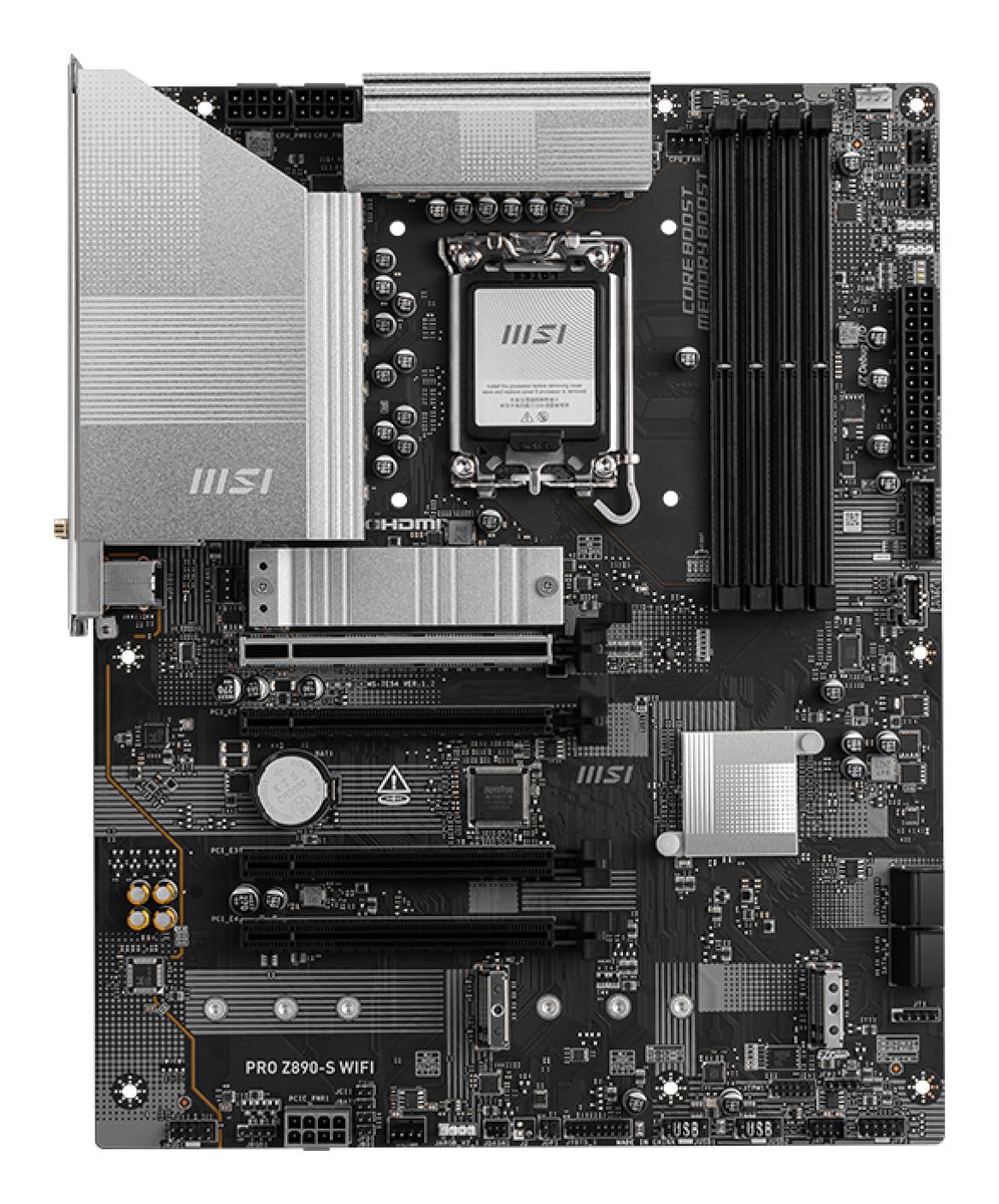 MSI PRO Z890-S WIFI Mainboard LGA 1851 (Socket V1), Intel Z890, ATX, DDR5, Wi‑Fi 7 (802.11be), Bluetooth 5.4, 2.5GbE, 3x M.2, 4x SATA III, HDMI 2.1