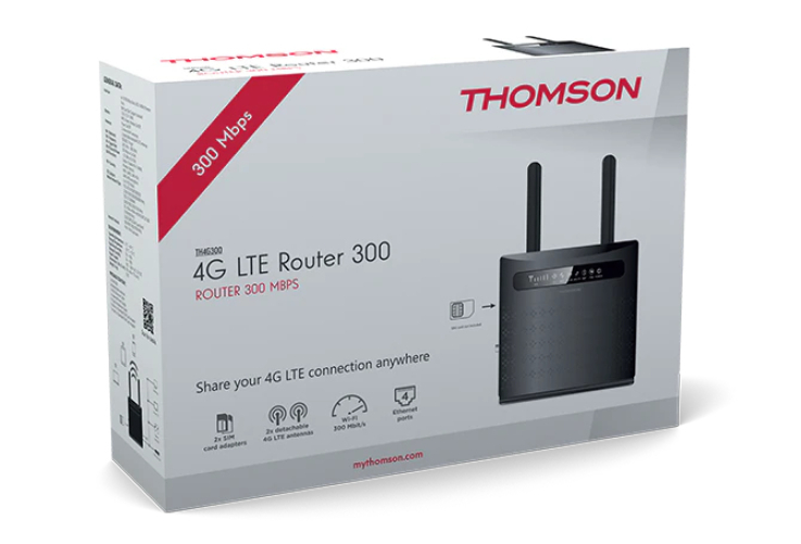 THOMSON 4G LTE Router,TH4G 300, 300 Mbps, WLAN über SIM Karte, WiFi, bis zu 300 Mbit/s, 2 Antennen, 4X Ethernet, 2 SIM Karten Adapter, Internet Anbindung für Camping, Wochenendhaus, besondere Zwecke