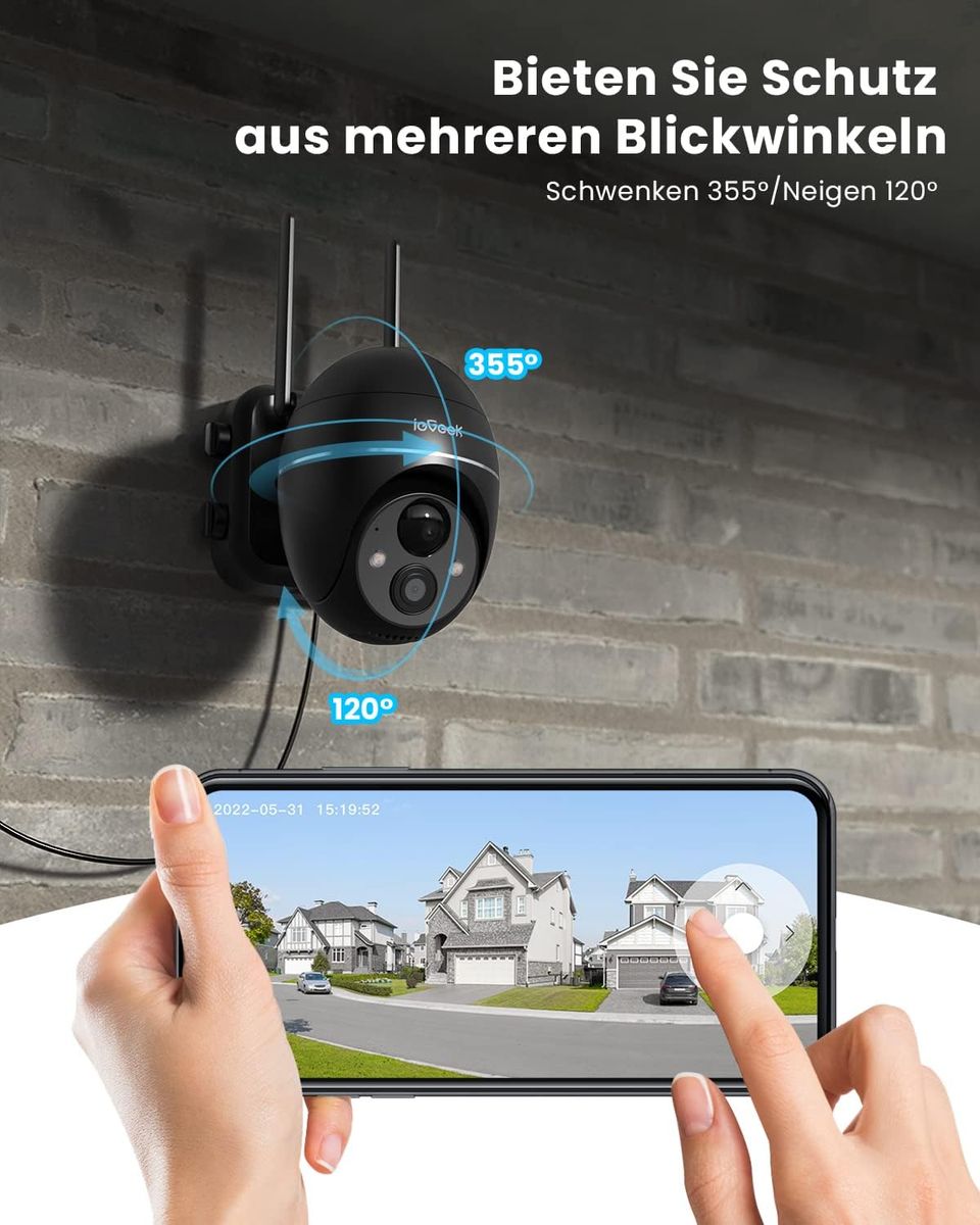 ieGeek 2K Solar Überwachungskamera Aussen Akku, 355°/140° Pan Tilt Kabellose Überwachungskamera mit Farbnachtsicht, PIR Bewegungsmelder, Sirene/Weißlichtalarm, 2-Wege-Audio, IP65, Cloud/SD Storage Kamera1 Schwarz