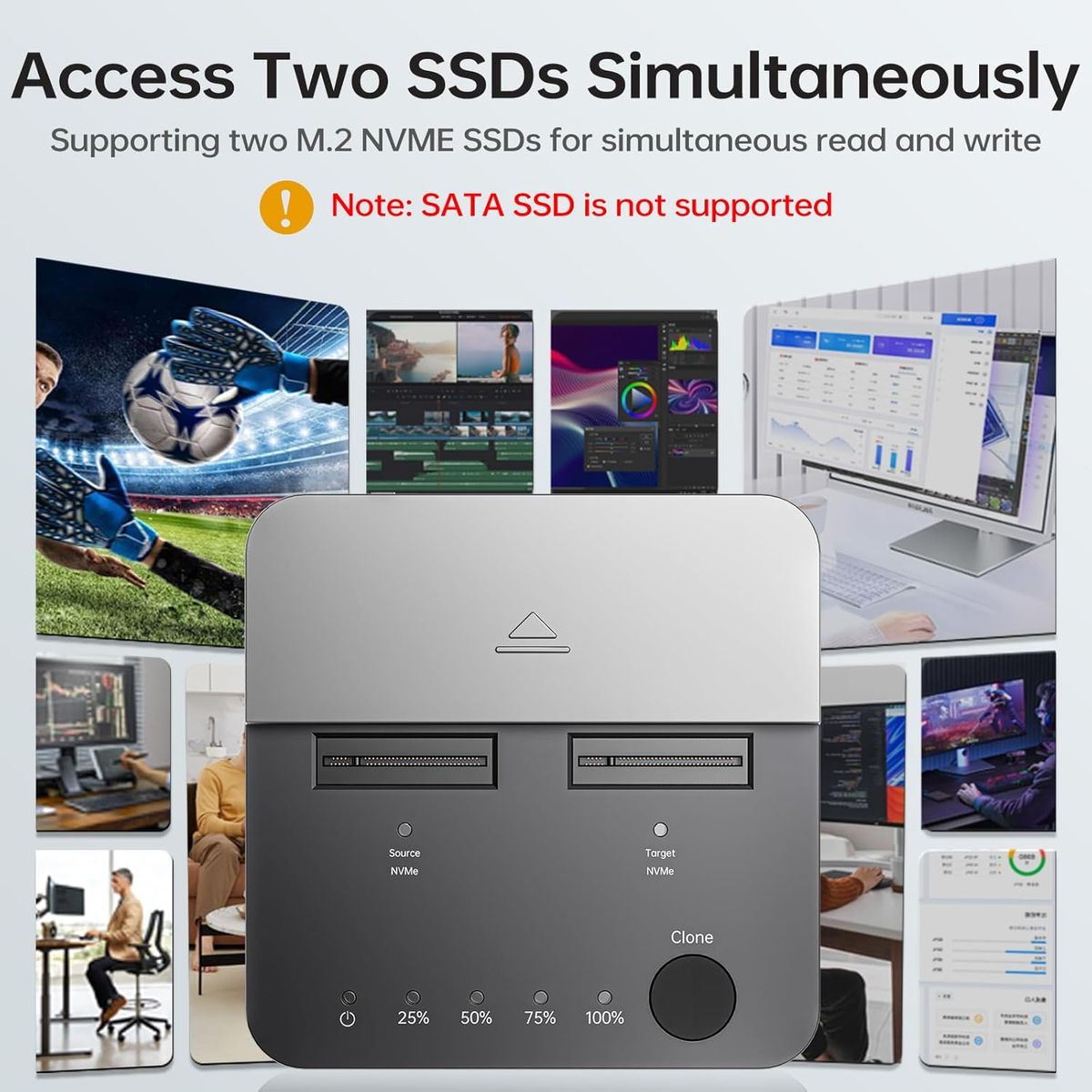SSK DK201 Dual NVMe M.2 SSD Dockingstation, USB 3.2 Gen 2x2 20 Gbit/s, 2-Bay, NVMe-Kloner, werkzeuglos, M-Key & B+M, inkl. USB-C & USB-A Kabel, schwarz