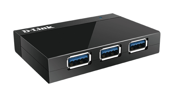 D-Link DUB-1340/E 4-Port USB 3.0 Hub, 4x USB Typ A, SuperSpeed bis 5 Gbit/s, abwärtskompatibel, schwarz, DC 5V