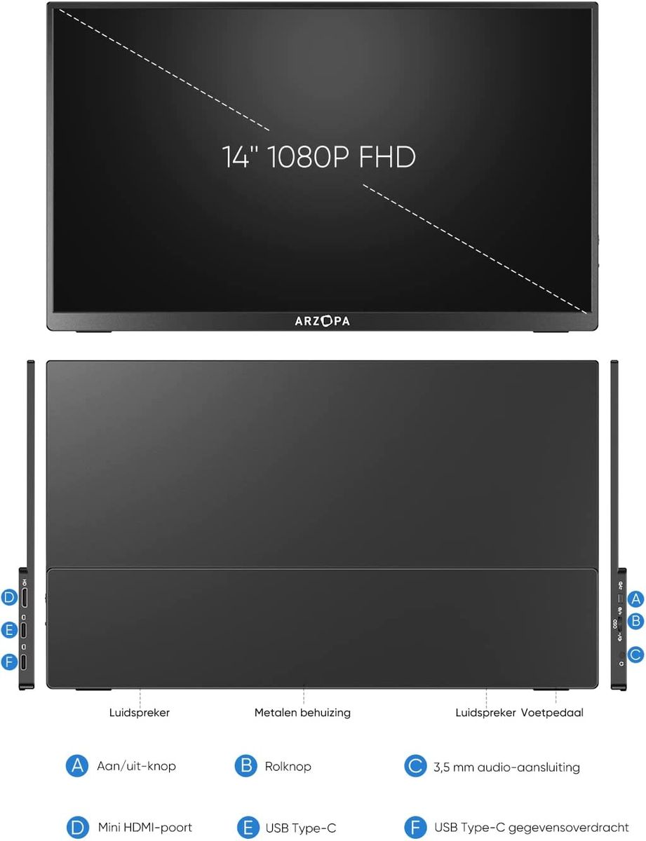 ARZOPA Portable Monitor 14" FHD HDR Eye Care HDMI USB-C