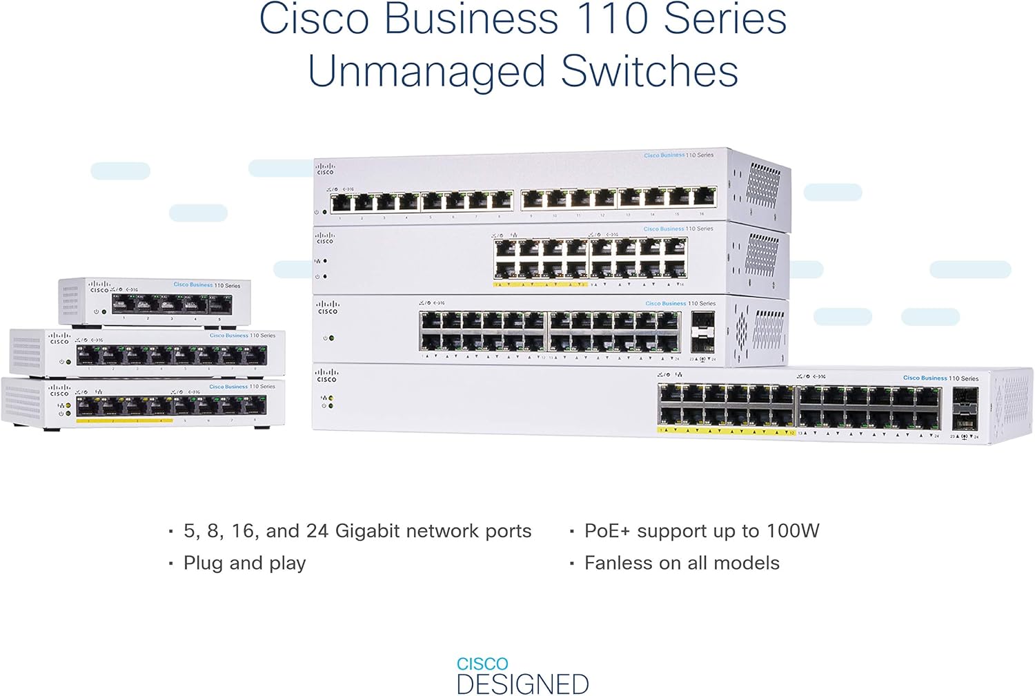 Cisco CBS110-5T-D-EU Unmanaged L2 Switch 5x Gigabit Ethernet (10/100/1000), 1U Rack, Grau, Netzteil