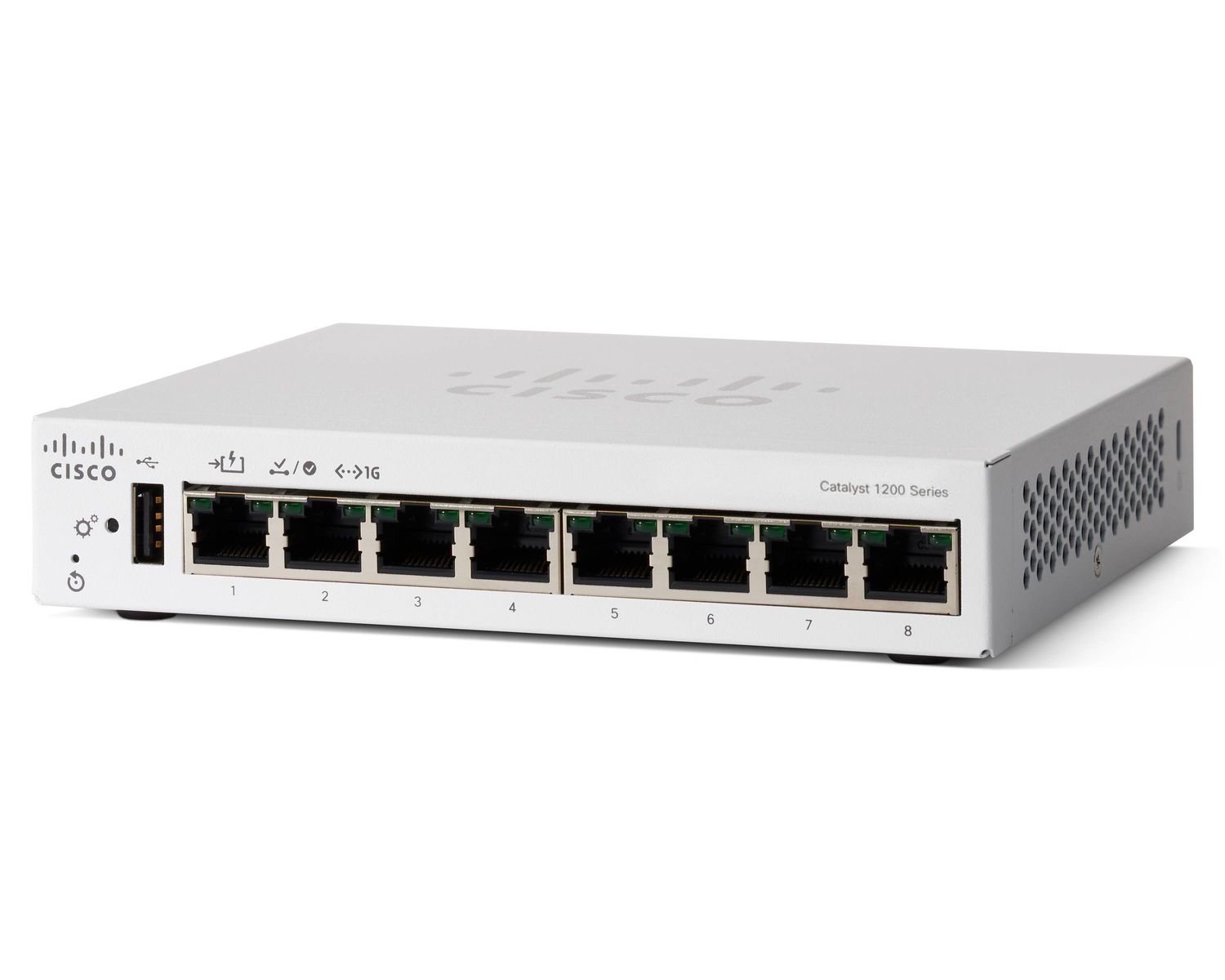 Cisco C1200-8T-D Managed L2/L3 Switch, 8x Gigabit RJ45 (10/100/1000), AC-Netzteil, Metallgehäuse, Weiß