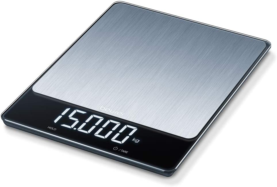 Beurer KS 34 XL Stainless Steel Kitchen Scale for Precise Weighing (up to 15 kg), Practical Tare Function, Hold Function and Magic LED Display Edelstahl