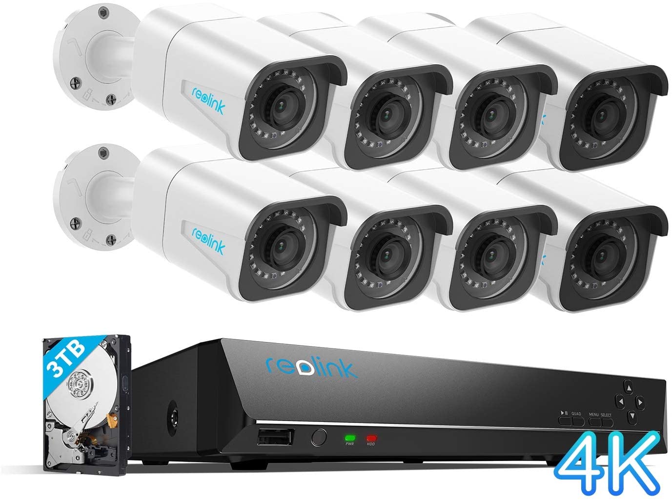 Reolink 4K 16CH PoE Security CCTV Camera Systems H.265 8pcs 8MP Ultra HD PoE IP Outdoor Cameras 16-Channel NVR 8MP 3TB HD