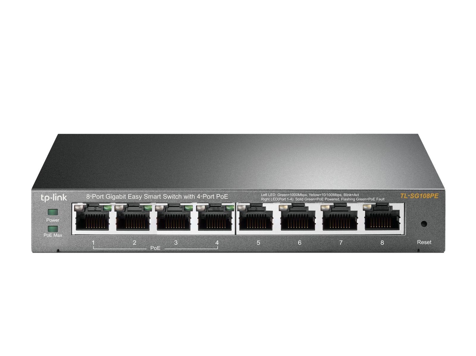 TP-Link TL-SG108PE Managed PoE Switch, 8 Port Gigabit Network Switch mit 4 PoE+ Ports (64 W, 802.3af/at PoE+, Lüfterlos, Plug-and-Play, Robustes Metallgehäuse) Schwarz V5