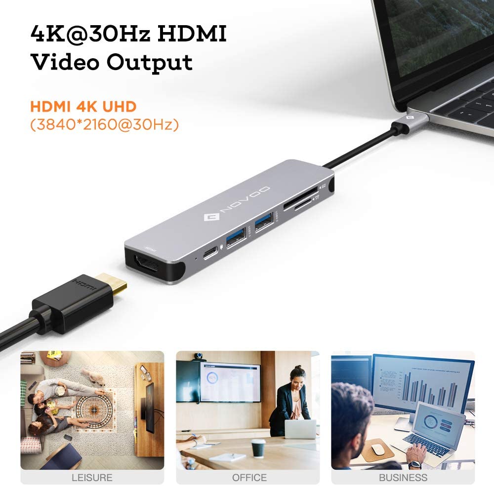 NOVOO USB C Hub 6 Port Aluminium USB C Adapter mit HDMI 4K, 2 USB 3.1, Type C PD 60W (20V,3A), SD/Micro SD Kartenleser Ports für Laptop MacBook Pro 2016/2017 Samsung Galaxy S8 Huawei Type C Geräte 6 in 1 grau - space gray