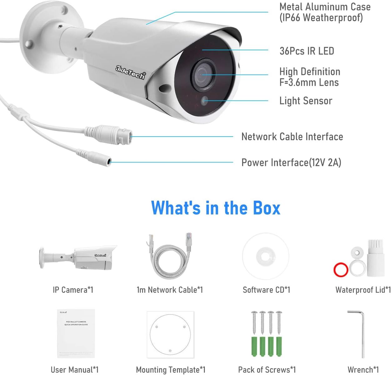 JideTech 5MP PoE Überwachungskamera Aussen - Kamera Outdoor, IP66 Wetterfest, 20m Nachtsicht, Zwei-Wege-Audio, Sicherheitskamera mit Bewegungserkennung, H.265 Video-Kompression, BC01-5MP