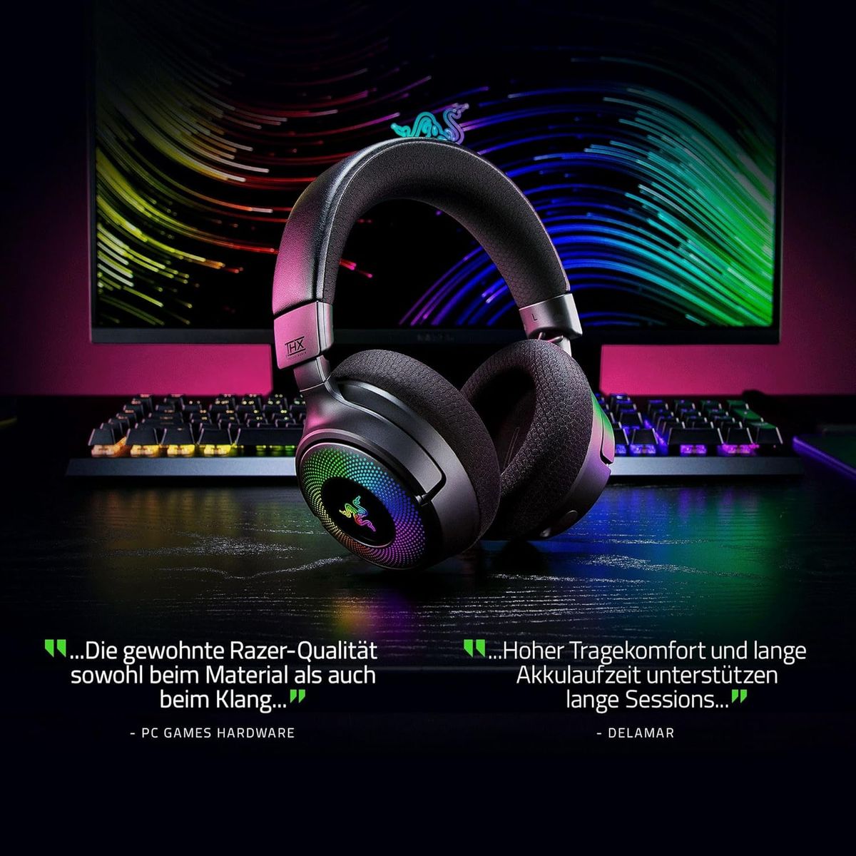 Razer Kraken V4 - Kabelloses PC Gaming-Headset (3-Modi-Konnektivität, Triforce 40mm Treiber, 9-Zonen-RGB-Beleuchtung der Ohrmuscheln, Mix- und Lautstärkeregelung, THX Spatial Audio) Schwarz