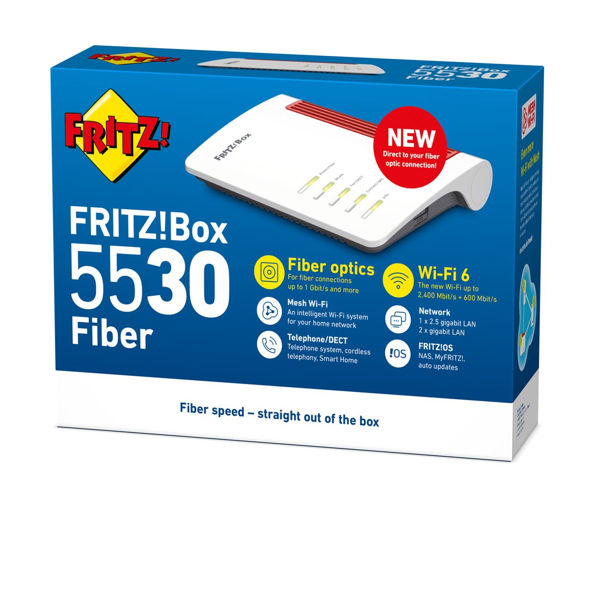 AVM FRITZ!Box 5530 Fiber Edition International Glasfaser WLAN-Router, Wi-Fi 6 (802.11ax), Dual-Band 2,4/5 GHz, 2,5 Gigabit Ethernet, SFP GPON/AON, Weiß