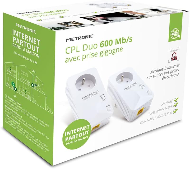 Metronic 495467 Netsocket Duo Powerline CPL-Steckdose, 600 Mbit/s, 1× Fast Ethernet 100 Mbit/s, Steckdose Typ E (FR)