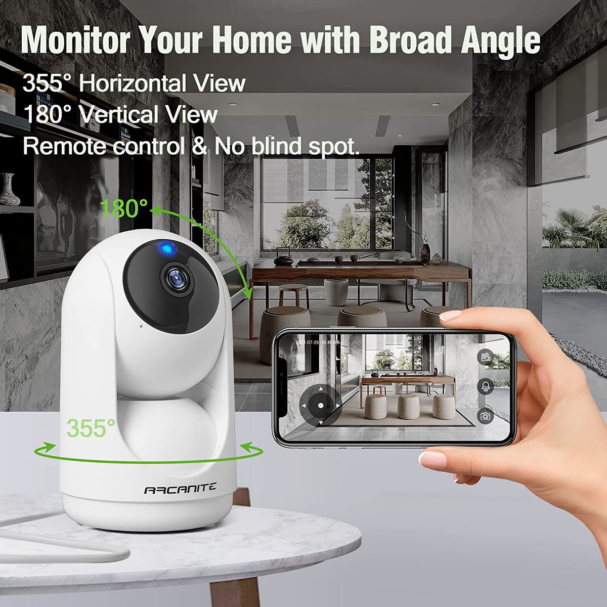 ARCANITE 1080P Wireless Home Security WiFi IP-Kamera für die Überwachung von Babys und Haustieren, Handy-App für Fernbedienung, Nachtsicht, Audio, MicroSD-Kartensteckplatz, Weiß