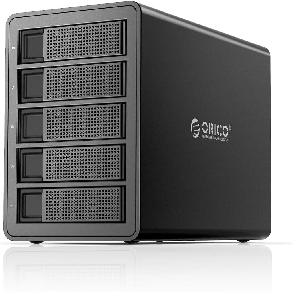 ORICO 3559C3-BK 5-Bay Festplattengehäuse, Aluminium, USB-C 10 Gbps (USB3.1 Gen2), für 2,5/3,5 Zoll HDD & SSD, Daisy-Chain, 150W Netzteil