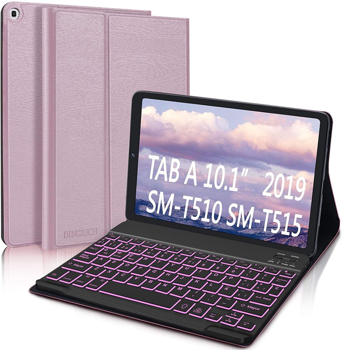 DINGRICH Bluetooth Keyboard 7 Color Wireless Backlit Removable Magnetic Backlight for Samsung Galaxy Tab A 10.1 T510/T515 Pink Gold (ESP Layout - QWERTY)