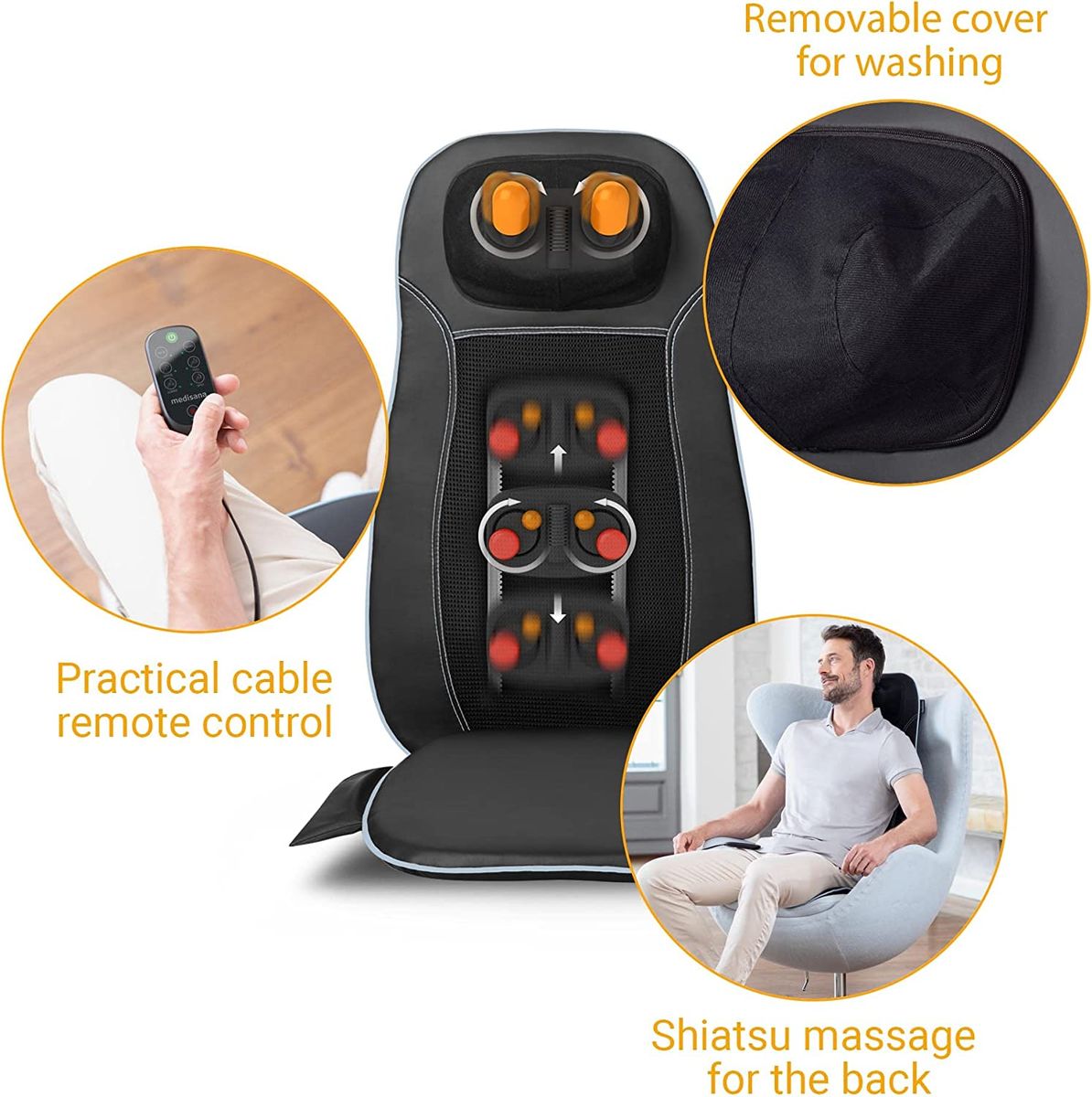 medisana MCN Shiatsu Massageauflage für Rücken Nacken Massagesitzauflage  Spotmassage Nackenmassage Wärmefunktion 3 Intensitäten Rotlichtfunktion  Fernbedienung Einheitsgröße