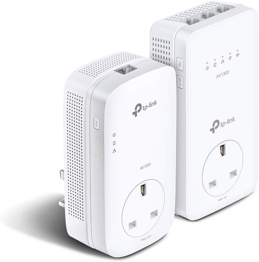 TP-Link TL-WPA8631P KIT Powerline Adapter 1300 Mbit/s, WLAN (Wi‑Fi 5), Gigabit Ethernet, integrierte Steckdose Typ G (UK), Weiß, V4
