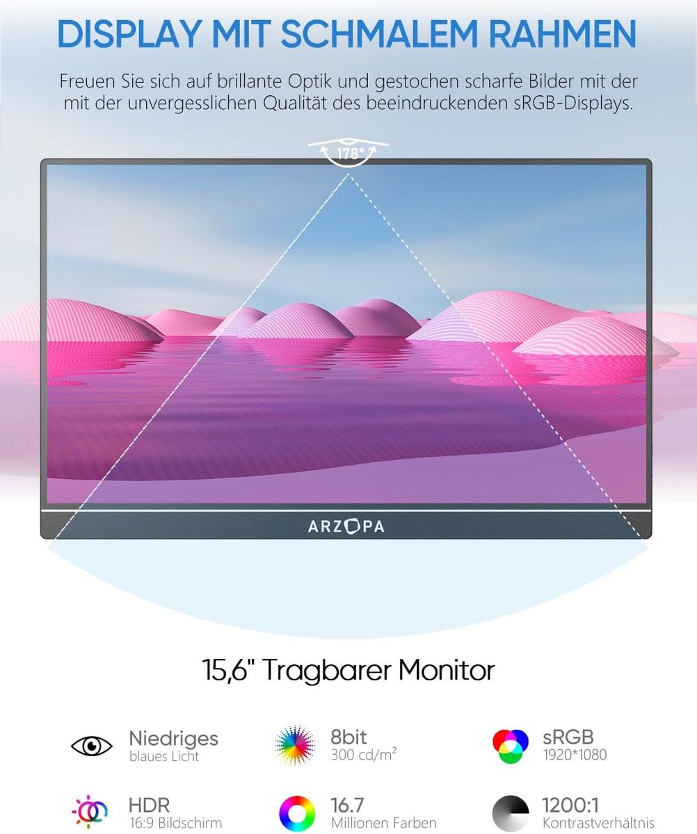 ARZOPA Tragbarer Monitor, 15.6" 1920×1080 FHD IPS Portabler Monitor für Laptop mit Einer Stütze, Ultra-Dünner Zweitbildschirm für Laptop/PC/Mac/PS3/4/5/Xbox - USB C & HDMI Anschluss - A1