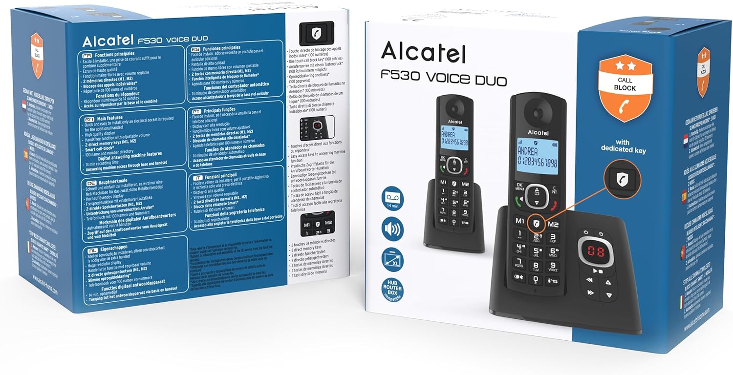 ALCATEL F530 Voice Duo - Schnurloses Festnetztelefon DECT mit Anrufbeantworter - Großes Display - Freisprechfunktion - Anrufblockierungsfunktion - 2 Direktwahltasten - 2 Mobilteile - Schwarz