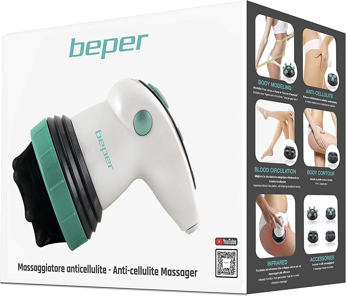 Beper - Infrared Massager Woman 4 in 1, infrared massage, triple circular action, firming and shaping, adjustable strengths, 4 anti-cellulite massage modes.