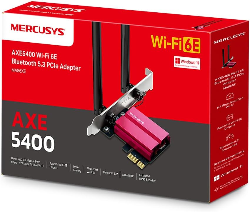 Mercusys PCIe AXE5400Mbps WiFi 6E Bluetooth 5.2, Chipsatz Intel Wi-Fi 6E, WPA3, MU-MIMO, OFDMA, WLAN-Karte, Tri-Band Geschwindigkeit, unterstützt Windows 10, 11, Mercusys MA86XE V1
