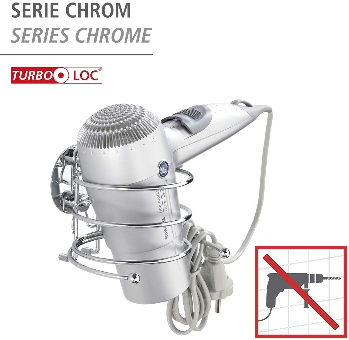 WENKO Turbo-Loc hair dryer holder - attach without drilling, cable holder, steel, 14 x 7.5 x 11.5 cm, chrome