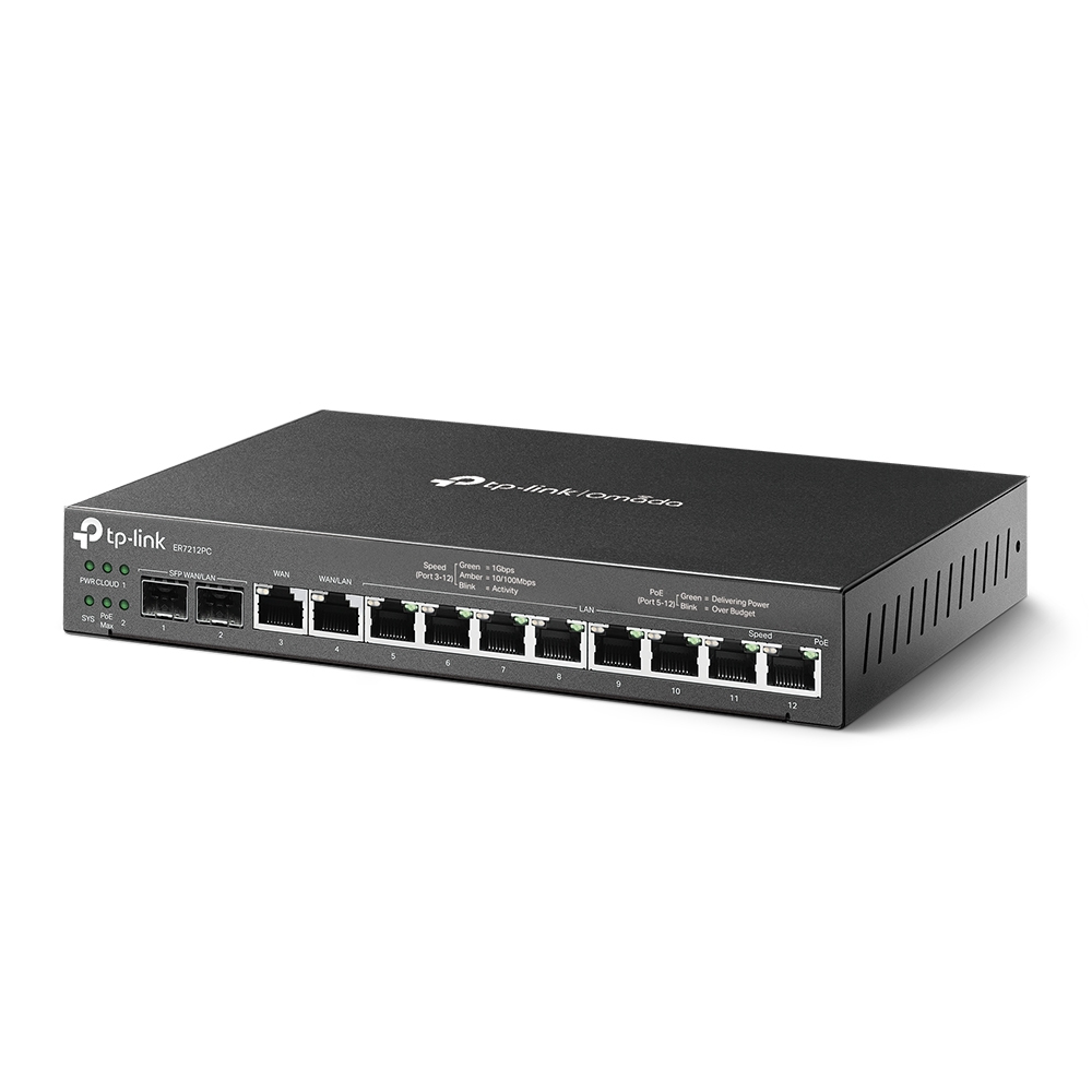 TP-Link Omada ER7212PC(UN) V2.0 3-in-1 Gigabit VPN Router, 8x PoE+ (110W), 10x Gigabit, 2x SFP, 4x WAN, integrierter Controller, lüfterlos