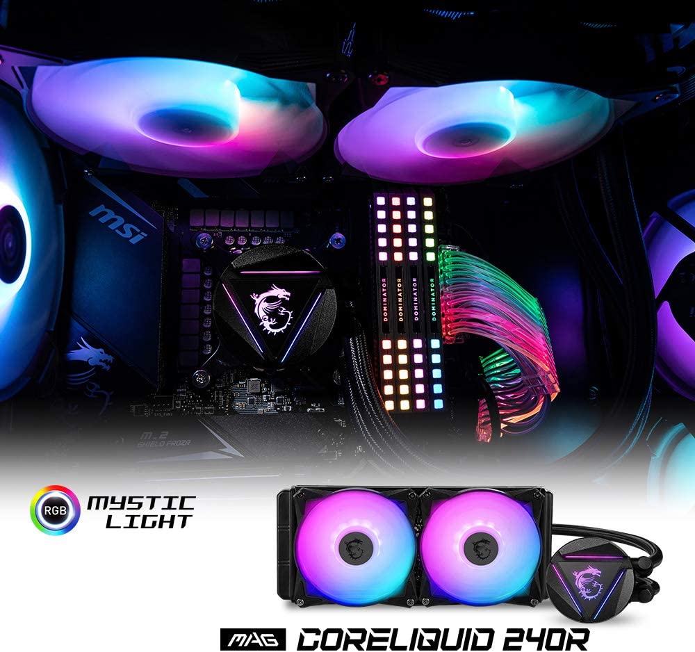 MSI MAG CORELIQUID 240R AIO CPU Wasserkühlung, drehbarer ARGB-Blockkopf, integrierte Kühlerpumpe, Split-Flow-Wasserkühlung, verdampfungssichere Schläuche, einfache Montage, AMD & Intel kompatibel 240 mm / 2 Lüfter R-Series