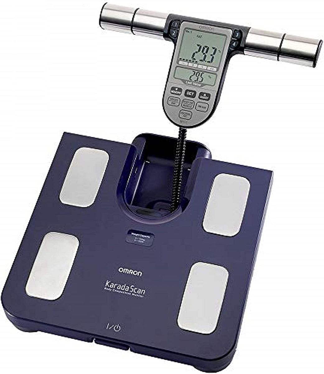 Omron Ganzkörperanalyse-Waage BF511 mit Hand-zu-Fuß-Messung, blau - misst Körperfett, Gewicht, Viszeralfett, Skelettmuskelmasse, Kaloriengrundumsatz und BMI, 1 stück Blau Dunkelblau