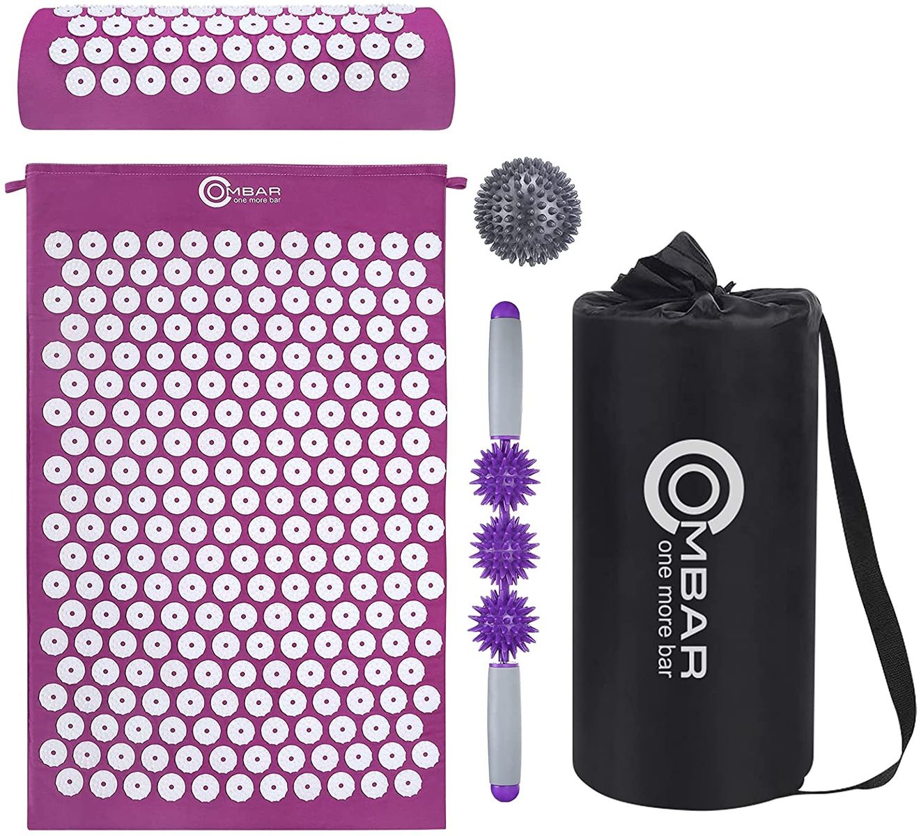 OMBAR Acupressure Set, Acupressure Mat with Pillow and Massage Stick, for Relaxation, Acupressure Pillow for Back and Neck Pain, Massage Mat with Carry Bag (Purple/Purple)
