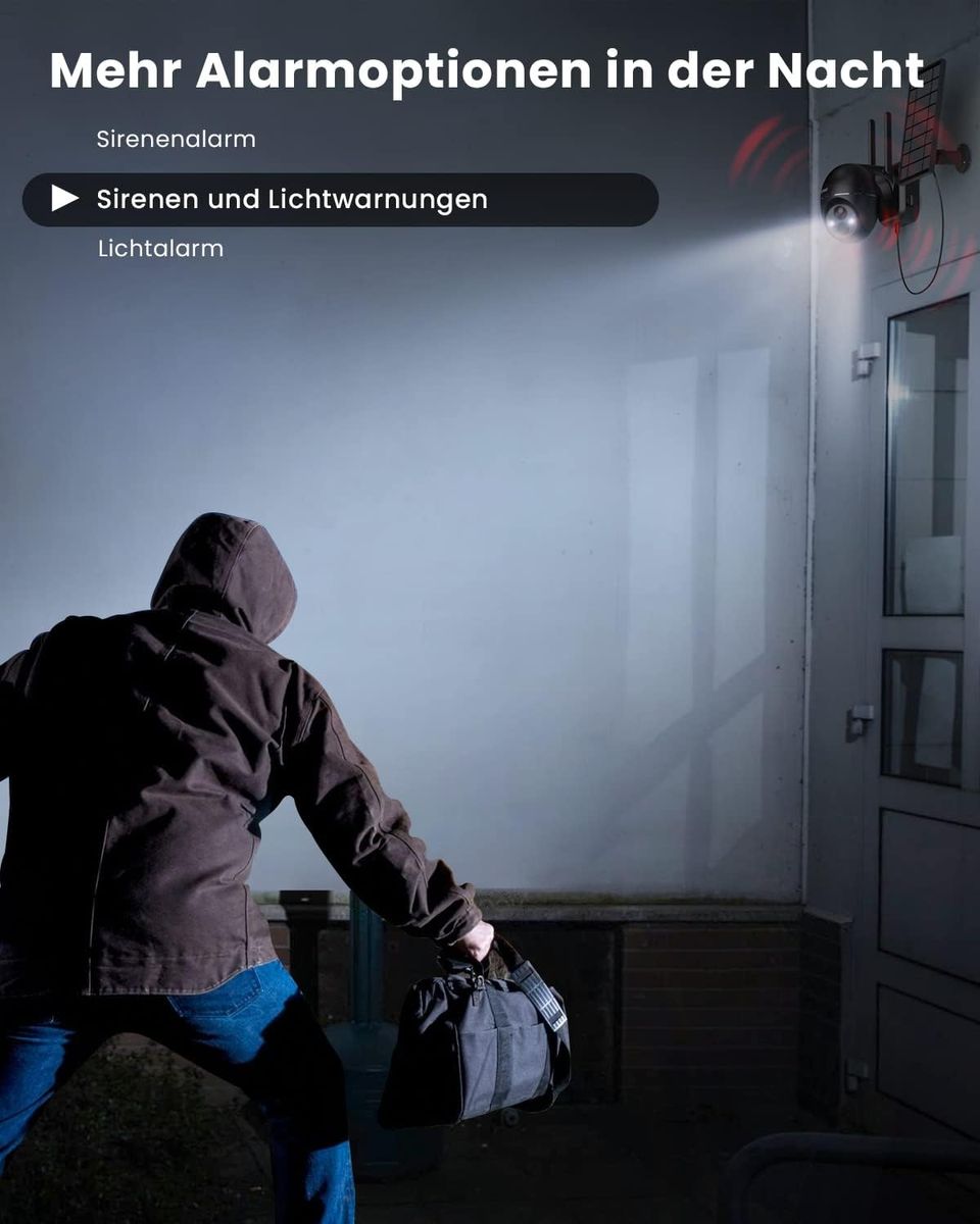 ieGeek 2K Solar Überwachungskamera Aussen Akku, 355°/140° Pan Tilt Kabellose Überwachungskamera mit Farbnachtsicht, PIR Bewegungsmelder, Sirene/Weißlichtalarm, 2-Wege-Audio, IP65, Cloud/SD Storage Kamera1 Schwarz