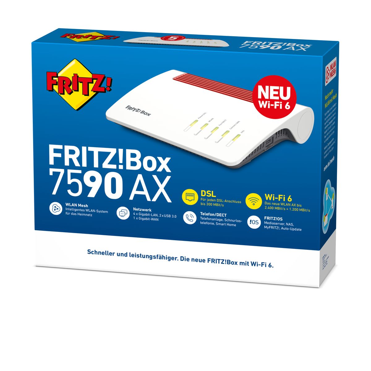 AVM FRITZ!Box 7590 AX Wi-Fi 6 Router 2.400 MBit/s 5GHz & 1.200 MBit/s 2,4 GHz,bis zu 300 MBit/s VDSL-Supervectoring 35b,WLAN Mesh,DECT-Basis,deutschsprachige