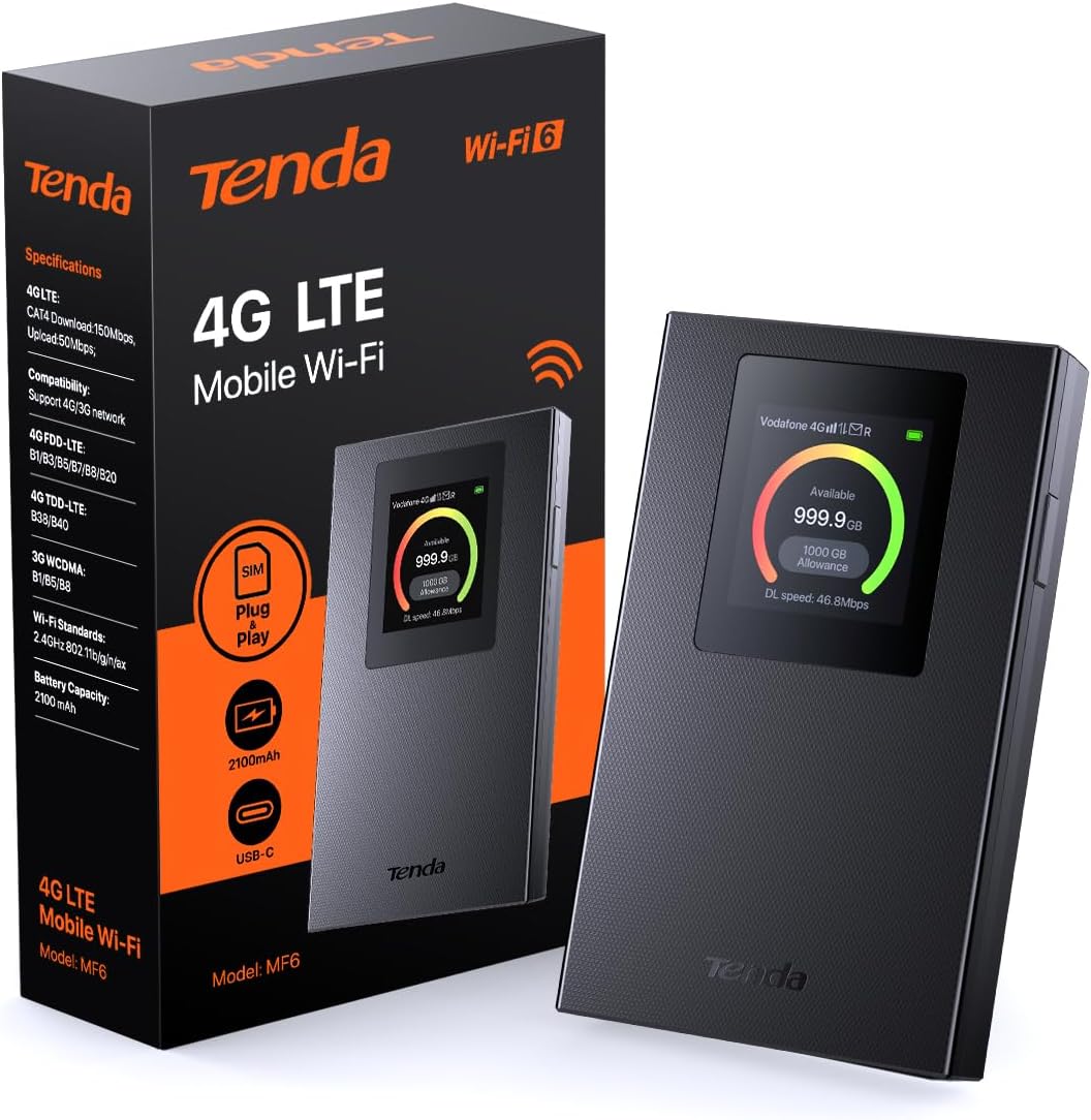 Tenda MF6 Mobiler WLAN Router, Wi‑Fi 6 Tragbarer Hotspot, 2100 mAh Akku, USB-C, Plug & Play, WPA3, 4G LTE MiFi, Mini