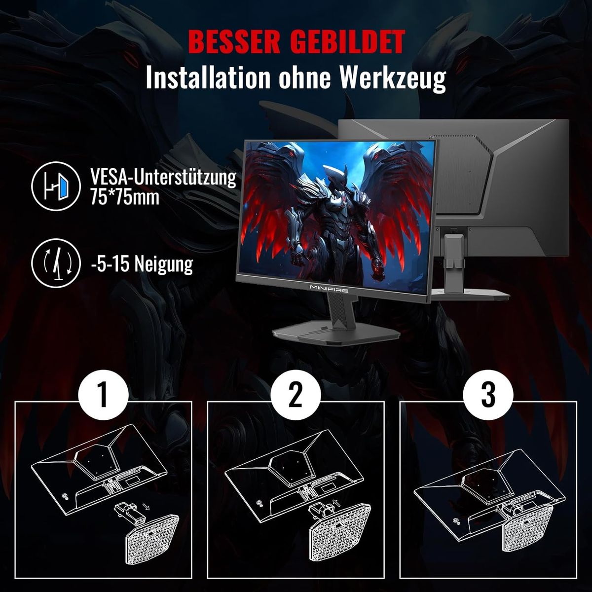Minifire Gaming Monitor 24 Zoll, 180 Hz, 1ms, AMD FreeSync, Full HD(1920 x 1080), Rahmenlos Bildschirm, Einstellbar, 300Nits, sRGB 110%