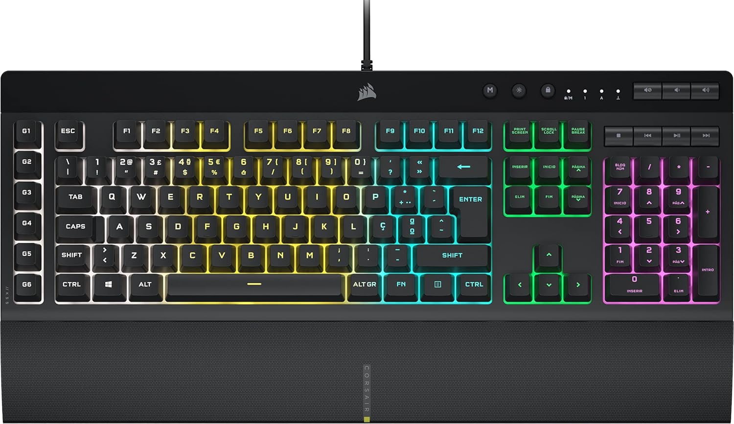 Corsair K55 RGB PRO XT Gaming-Tastatur mit Membrankabel, IP42, Staub- und spritzwassergeschu00fctzt, 6 Makro-Tasten mit Elgato Integration, iCUE - PC, Mac, Xbox, Schwarz - (PRT Layout - QWERTY)