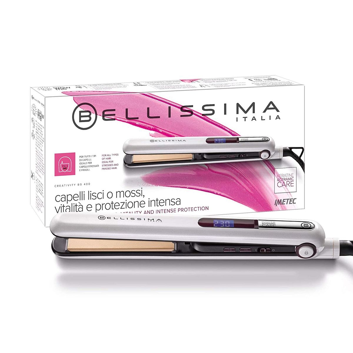 Imetec Bellissima B9 400, straightener, smooth or wavy styling, ceramic and keratin coating, hair straightener, rounded plates.