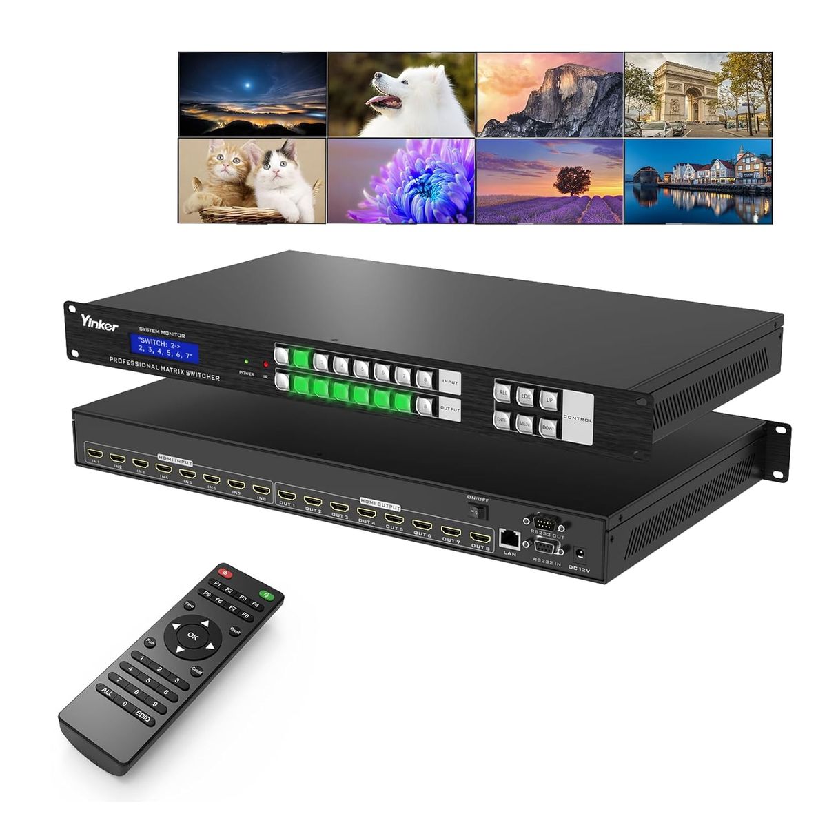 Yinker HD0808 4K HDMI Matrix 8x8 Rackmount Switch und Splitter, 8-in-8-out, 4K@30Hz, HDCP, EDID, IR-Fernbedienung, RS232, LAN-Steuerung