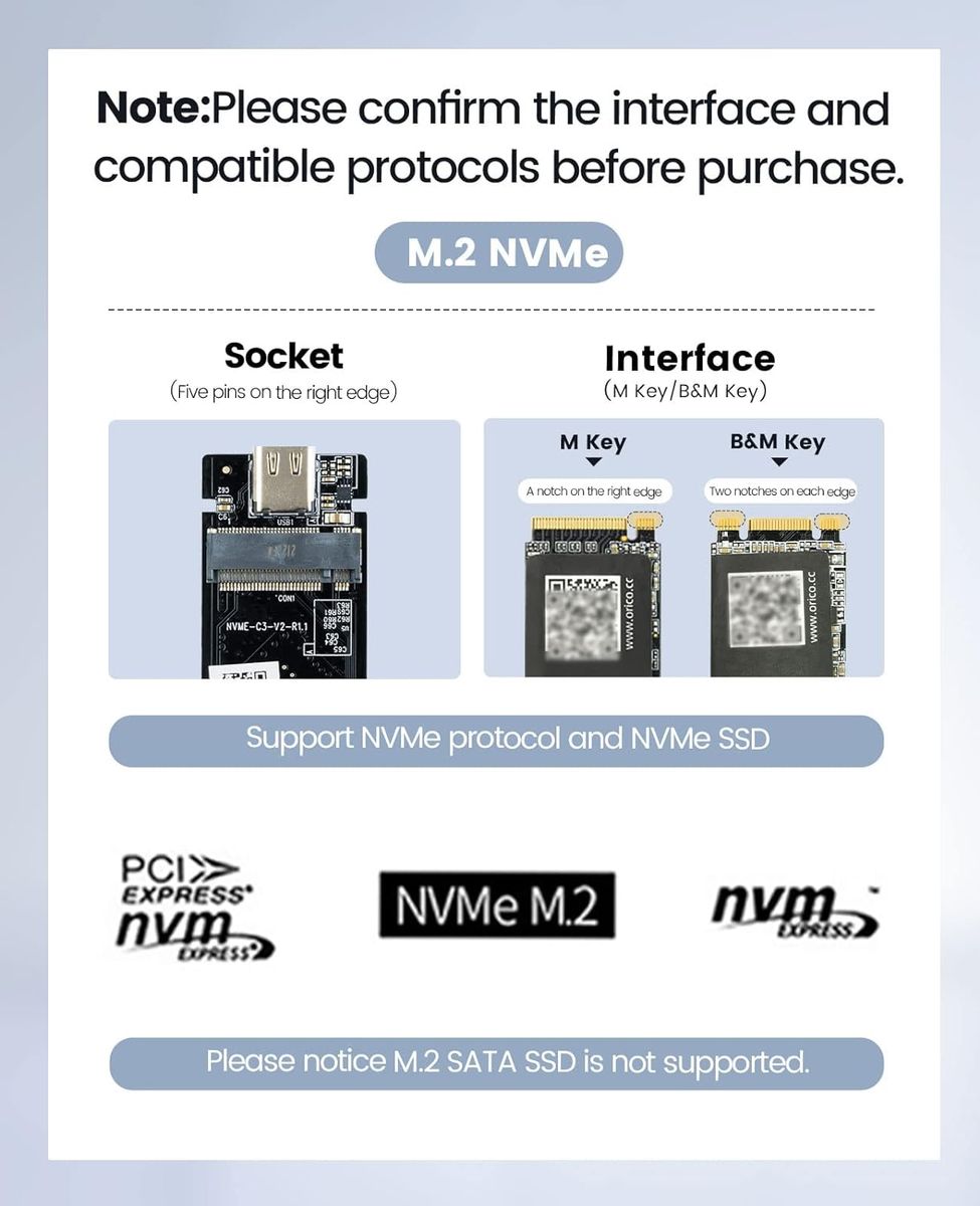 ORICO NVMe Gehäuse 40Gbps für Thunderbolt 3/4, USB 3.2/3.1/3.0/2.0, USB-C, USB4 M.2 NVMe-Gehäuse für PCIe 2280 M-Key (B+M Key) SSD, Aluminium M2 SSD Adapter bis zu 2700 MB/s- M224GY 40Gbps Grau