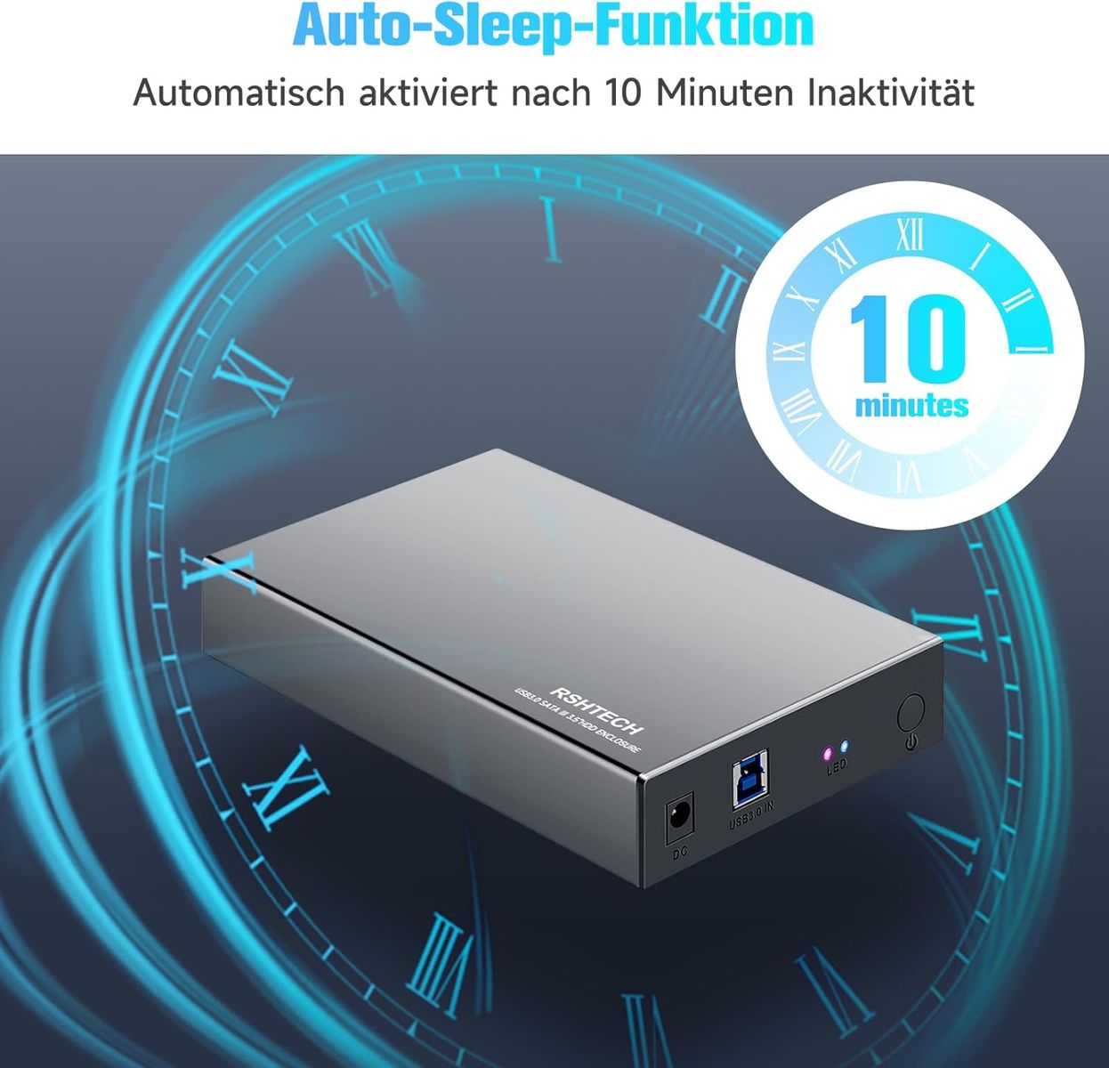 RSHTECH Aluminium USB 3.0 Externe Festplattengehäuse 2,5''&3,5'' USB 3.0 SATA Festplatte Gehäuse für SSD & HDD, mit 2-in-1 Kabel (Typ-A&C), 24W Netzteil, unterstützt UASP, Automatische Schlaffunktion RSH-339ST