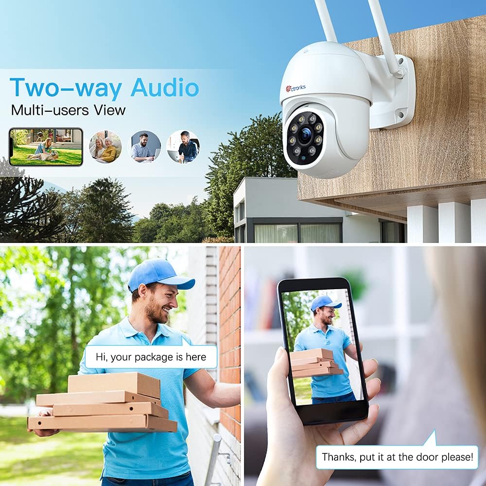 ctronics 2.5K 4MP Überwachungskamera Aussen WLAN, 2560×1440P Ctronics PTZ 2,4/5GHz Dualband WiFi IP Kamera Outdoor mit Automatische Verfolgung, Personenerkennung, 355°/90° Schwenkbar, Farbiger Nachtsicht, IP66