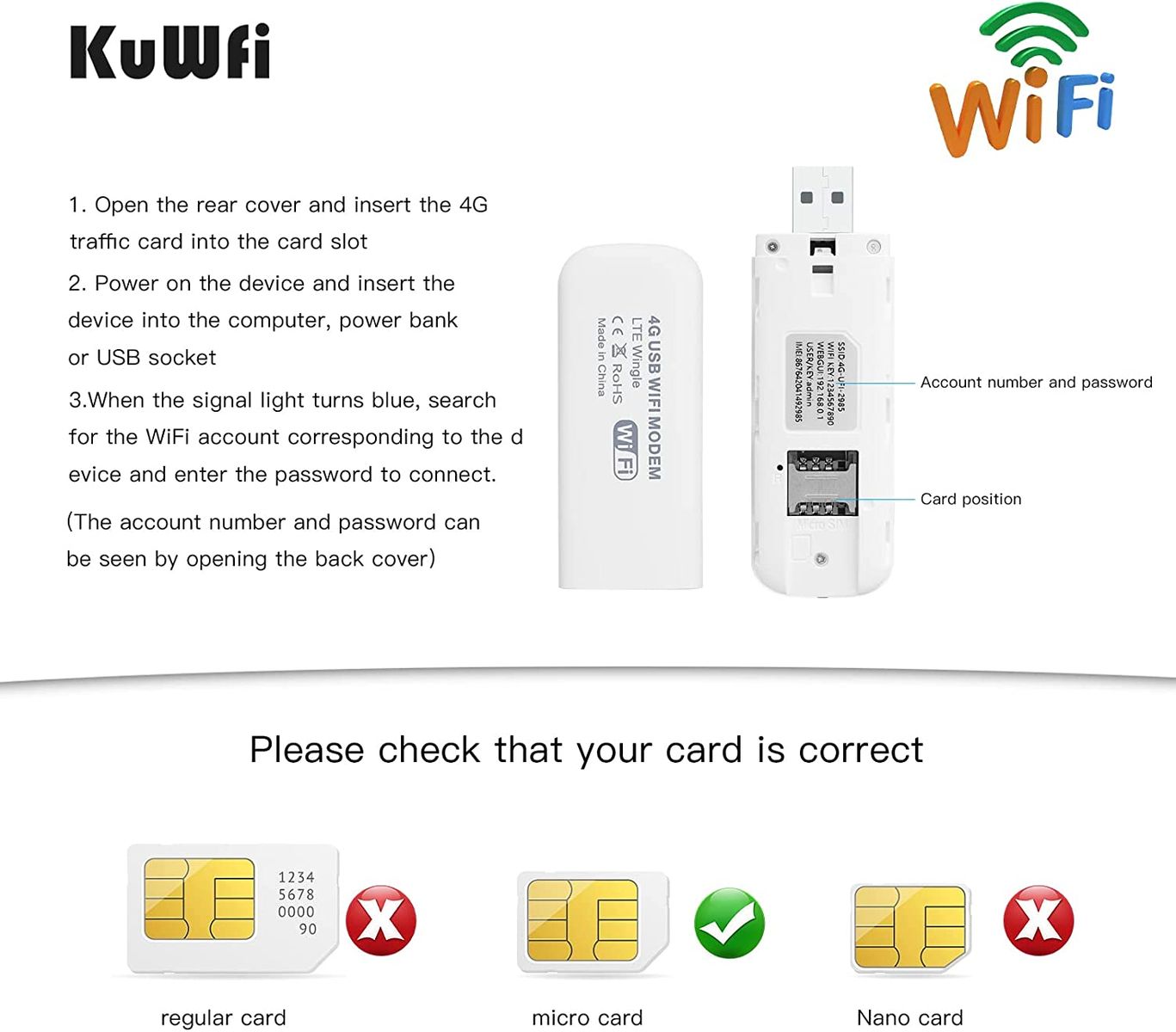 KuWFi WiFi/WLAN LTE Modem Stick mit SIM-Kartensteckplatz，LTE 4G Dongle,150 Mbps USB mobiler WLAN-Dongle,Hotspot WiFi Router USB-Breitbanddongle, UF928-U8