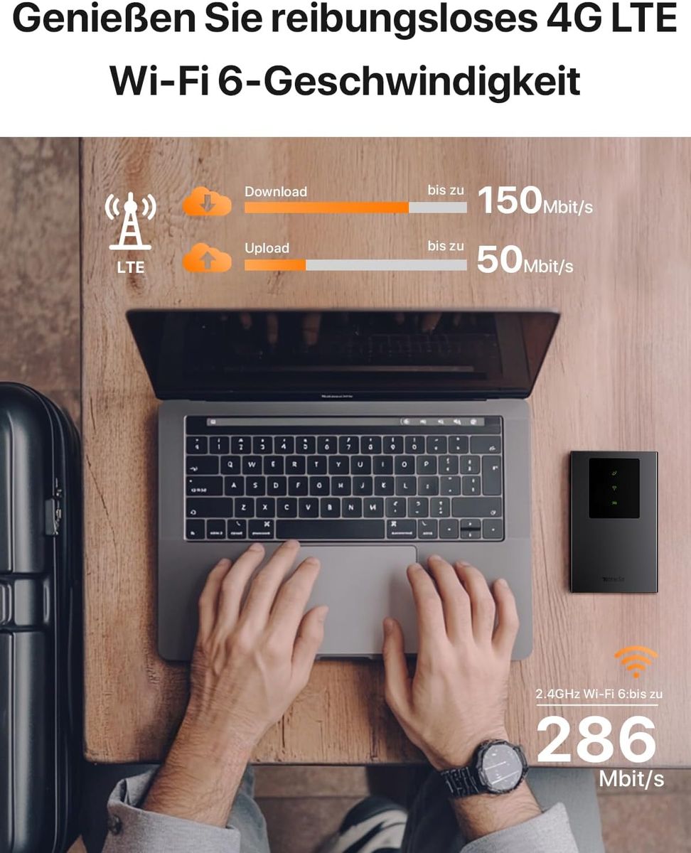 Tenda MF3 Mobiler WLAN-Router (Mobile Hotspot), 4G LTE, AX300 Wi‑Fi 6 2,4 GHz, 2100 mAh Akku, USB-C, WPA3, MiFi, Nano-SIM, Plug & Play