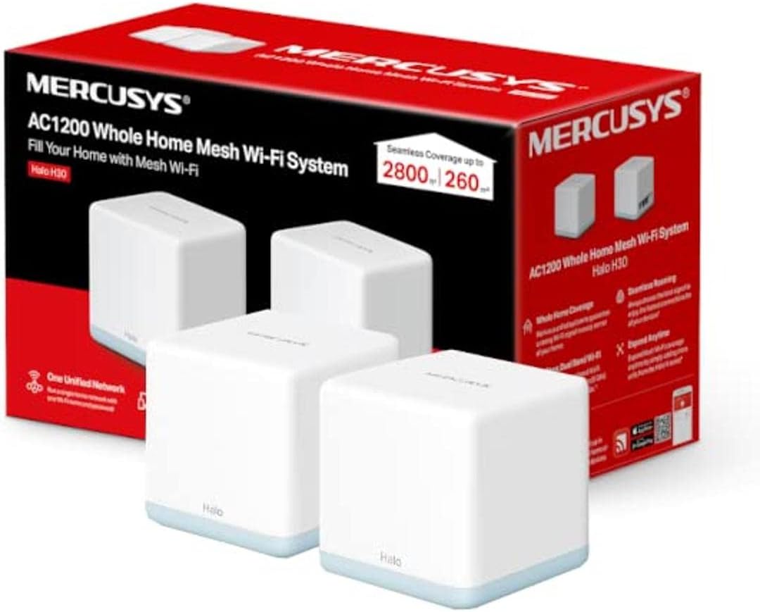 Mercusys AC1200 Whole Home Mesh Wi-Fi System, Abdeckung bis zu 2.800 ft² (260 m²) Verbinden Sie bis zu 100 Geräte, schnelle Anschlüsse, Dual Band Wi-Fi, einfache App Steuerung, Halo H30 (2er-Pack)